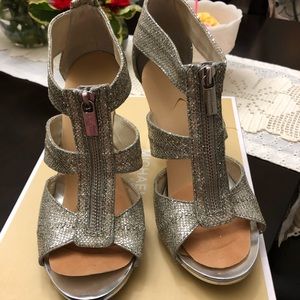 MK Berkley T Strap silver glitter heels
